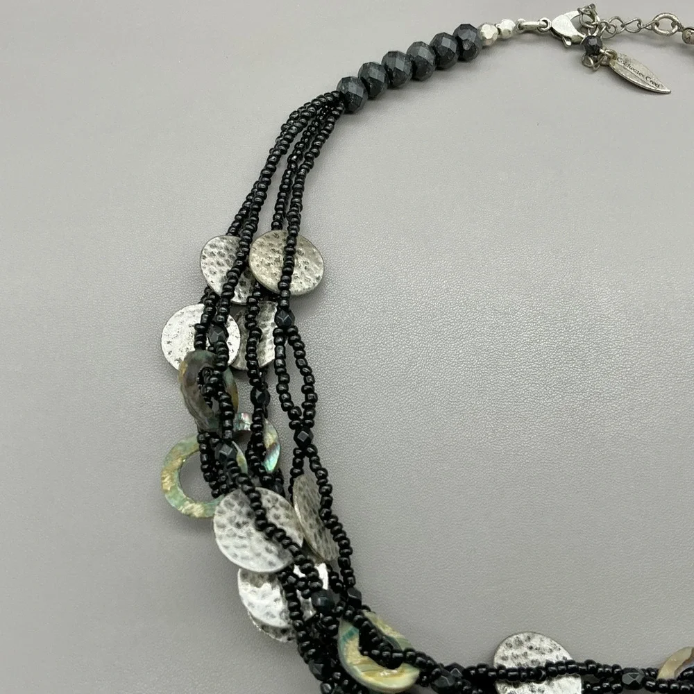 Coldwater Creek Necklace Black Multi Strand Abalone Shell Silver Tone Statement